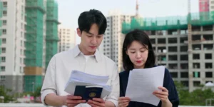 생애최초 특별공급 자격 확인 후 부부가 서류를 보면서 아파트 현장 방문하고 있다