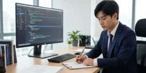 스마트서비스 기술기업 서류를 검토하는 젊은 IT CEO, 대형 모니터 옆에서 펜으로 메모한다