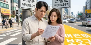 스쿨존 사고 처벌 학교 앞에서 남녀가 운전자 보험 특약을 확인합니다. 복잡한 도시 신호등 건너목 앞이다.