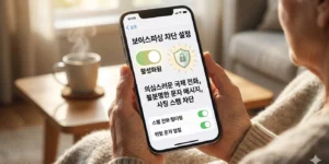아이폰 글자 크기 설정으로 부모님께서 큰 글자로 스팸 차단 기능을 보고 있다. 쇼파에 앉아서 쉽게 차단한다