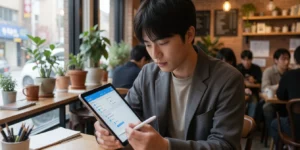 애플펜슬 페어링 오류 해결 아이패드와 애플펜슬을 들고 블루투스 설정 화면을 보며 문제를 해결하는 20대 디자이너이다