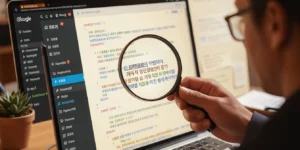 워드프레스 스팸 업데이트 돋보기를 들고 '인간의 감성'이 담긴 문장을 골라내고 있다