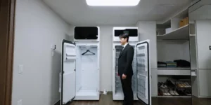 의류관리기 추천 2026 구매 전 여기저기 보면서 고민하는 남성이다. 집 안에서 확인 중이다