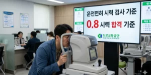 적성검사 시력 미달 검사 장비 측정하는 남성 운전면허 결과 판정 확인 중이다