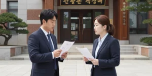 전입신고 실제 판례 법원 부동산 경매장 앞에서 남녀 2명이 낙찰 순간을 주시하며 대화하는 장면이다