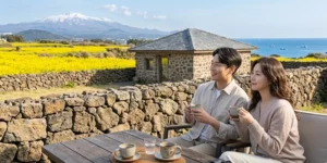 제주도 감성숙소 독채 부부 테이블에 앉아 차를 마시며 유채꽃을 바라고 있다.
