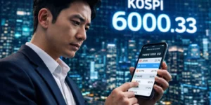 증권사 로보어드바이저 수익률 확인 중 30대 직장인이 고층 빌딩 사무실에서 코스피 6000 지수에 감탄하는 순간입니다.