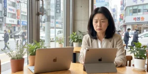 직장인 아이패드 프로 맥북에어 나란히 놓고 비교하는 여성이 카페에서 고민한다