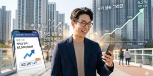 청년 주택드림 청약통장 전환 확인 남성이 스마트폰으로 금액을 확인합니다. 아파트 단지를 걸으면서 웃는다