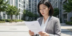 최우선변제금 경기도 과밀억제권역 아파트 단지 앞에서 등기부등본과 임대차 계약서를 들고 확인하는 30대 여성 임차인이다