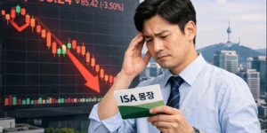 코스피 6000 붕괴 ISA 연금계좌 확인하는 직장인 남성이 회사 건물 옥상에서 통장을 보는 모습입니다. 뒤 배경으로 남산 타워가 멀리 보이고 있습니다.