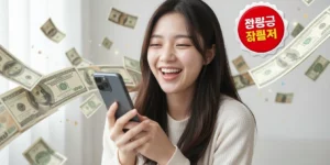 통신비 환급금 조회 스마트폰으로 조회 화면 보고 기뻐하는 대학생이다.