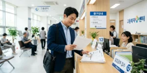 퇴직자 실업급여 조건 확인하는 남성이 창구 앞에서 서류, 신분증을 제출합니다. 고용센터 실업급여 현장 모습입니다.