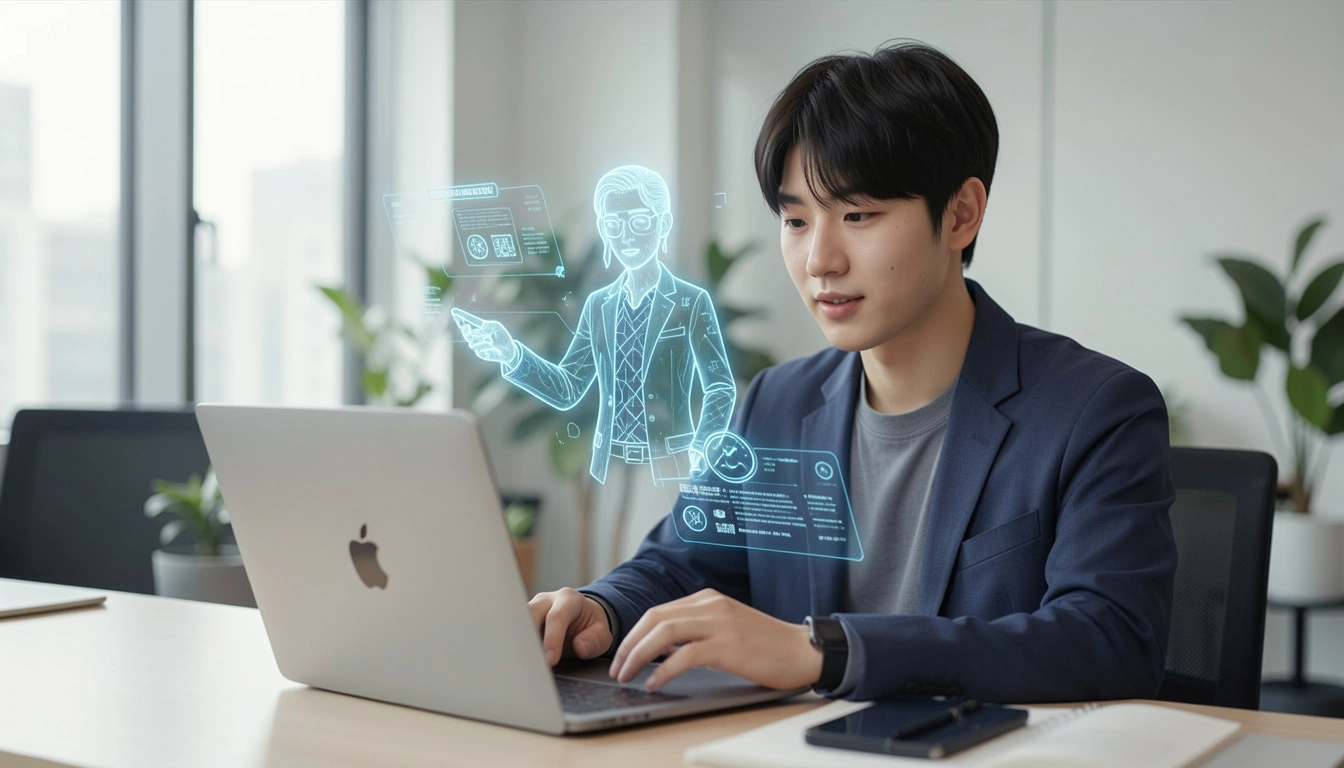 가상 인간 보안 인증 20대 청년이 맥북 앞에서 가상 인간 보안 인증 확보될 때 가상 아바타를 제작한다
