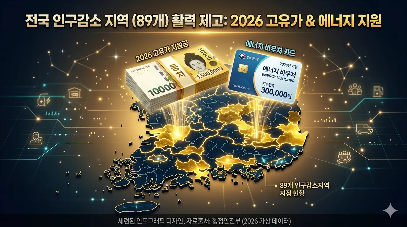 고유가 지원금 인구감소 지역 2026 고유가 지원금 뭉치와 에너지 바우처 카드가 떠다니는 세련된 인포그래픽 디자인