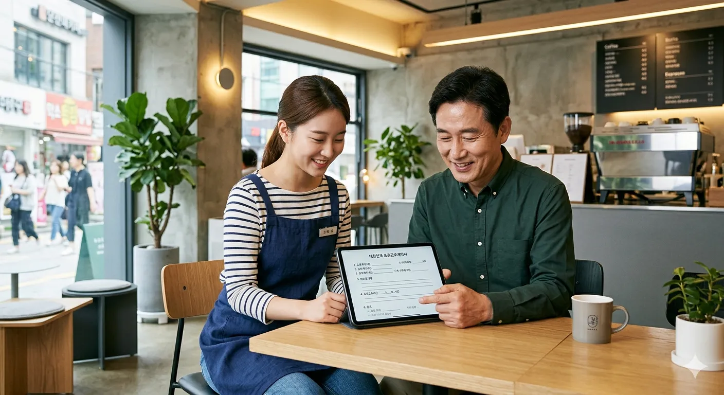 근로자의날 알바 수당 카페에서 앞치마를 두른 알바생과 사장님이 웃으며 태블릿 PC의 근로 계약 내용을 함께 확인한다