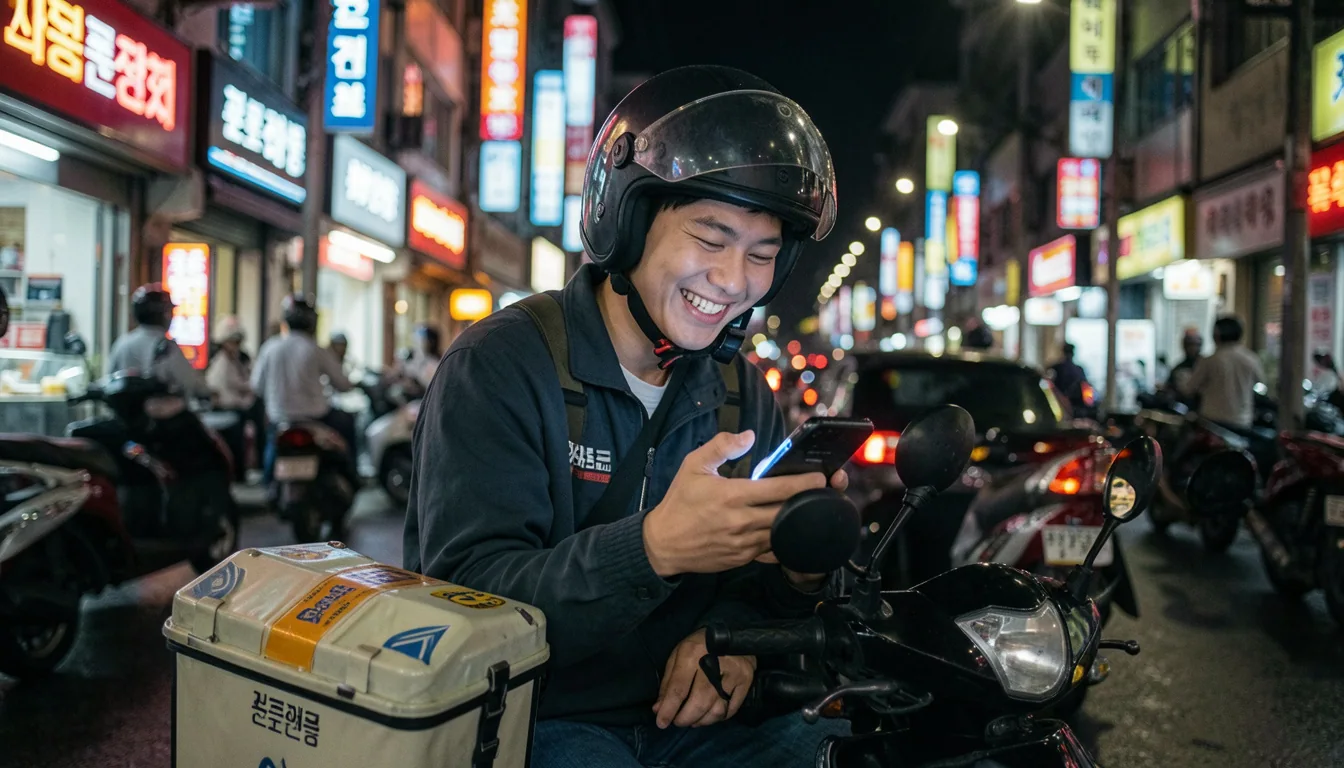 근로장려금 배달 라이더 스마트폰으로 근로장려금 지급 알림을 확인하며 환하게 웃고 있는 헬멧을 쓴 젊은 라이더의 모습이다