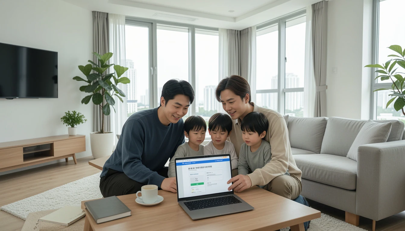 근로장려금 자녀장려금 동시 노트북으로 홈택스 근로·자녀장려금 신청 화면을 확인하는 삼촌이 아빠에게 설명한다