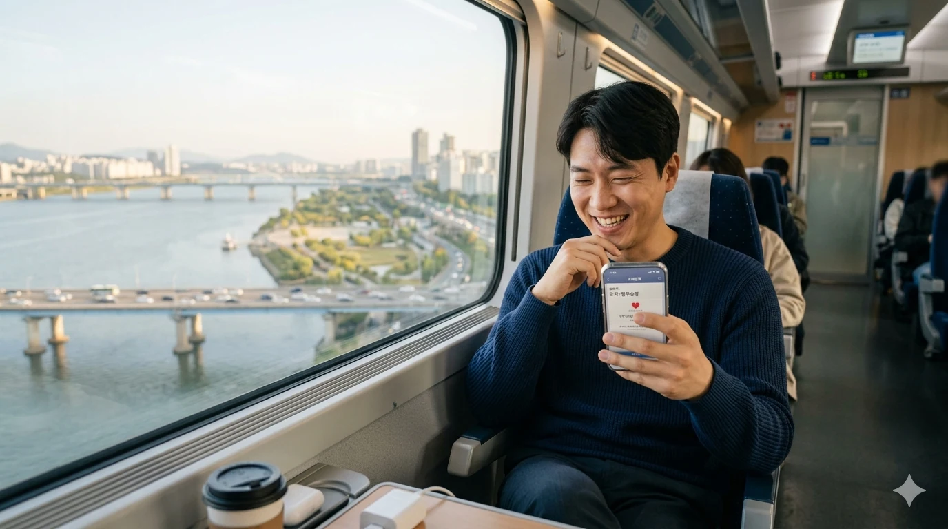 기차표 예매 코레일 KTX 열차 안에서 스마트폰으로 코레일톡 앱을 보며 웃고 있는 30대 남성, 창밖으로는 한강 풍경이다