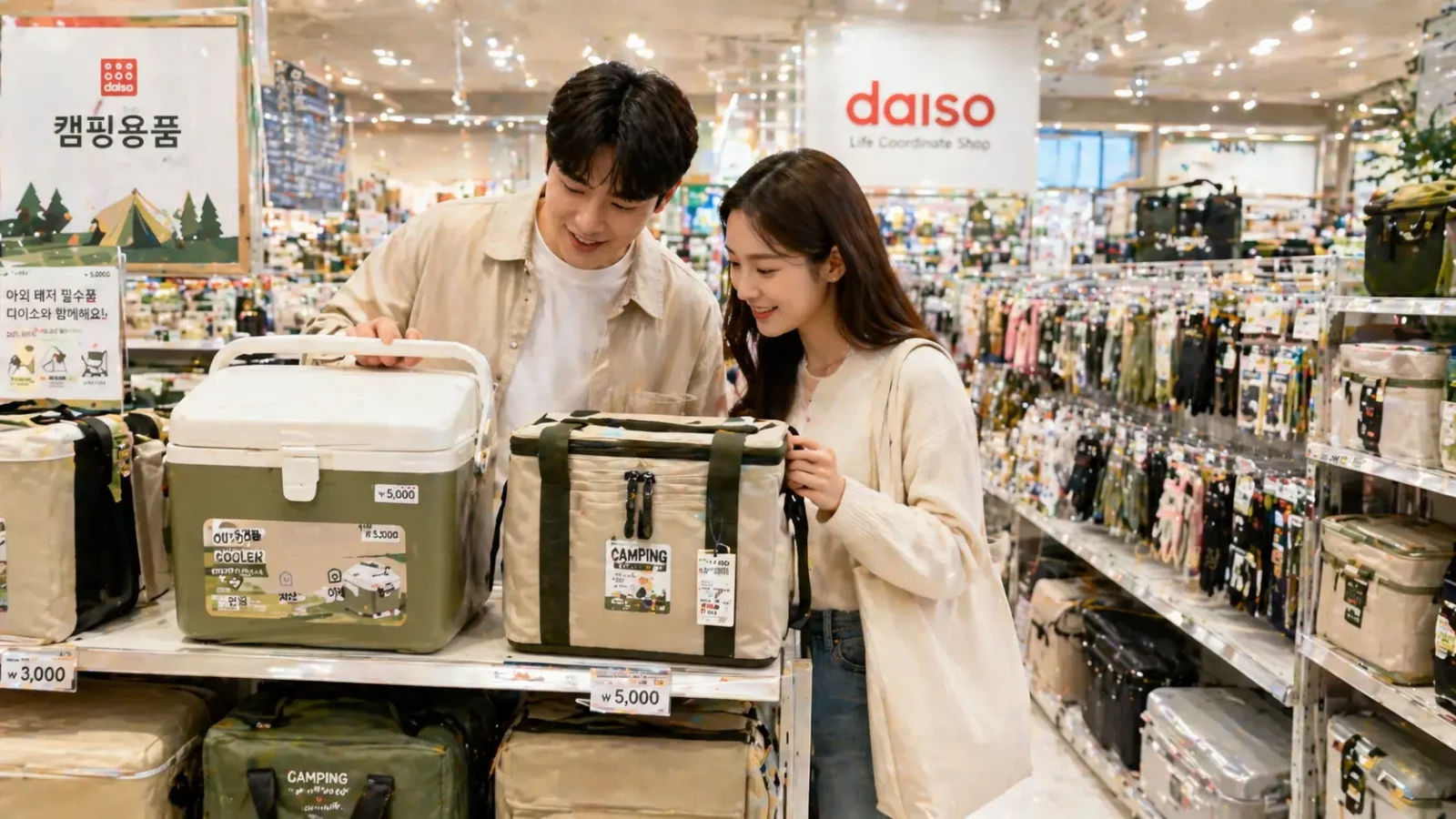 다이소 캠핑용품 매장 코너에서 아이스박스와 보냉백 살펴보는 20대 커플이다