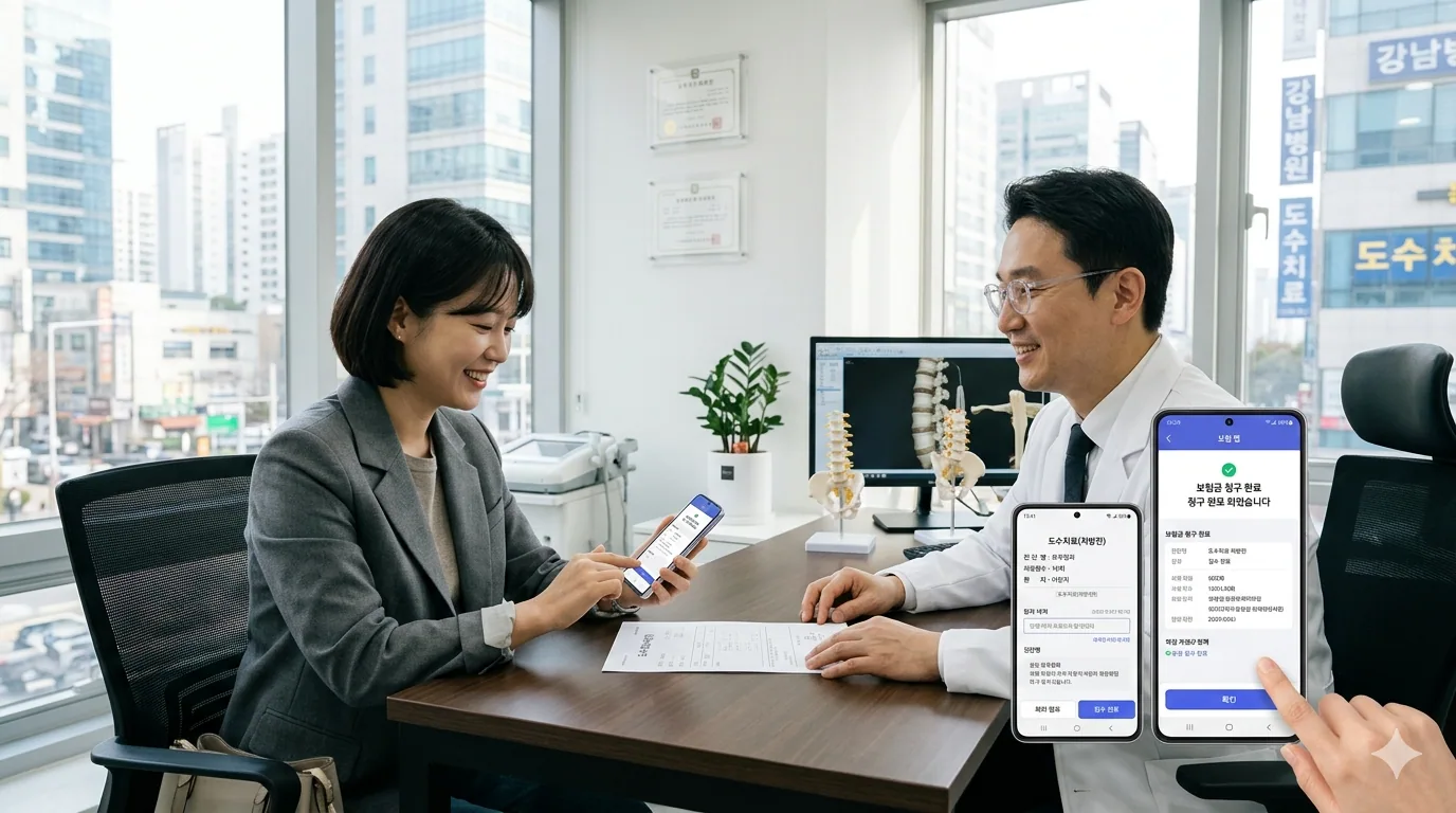 도수치료 실손보험 청구 정형외과 진료실에서 도수치료 처방전을 받아 스마트폰 보험 앱으로 청구하는 30대 직장인