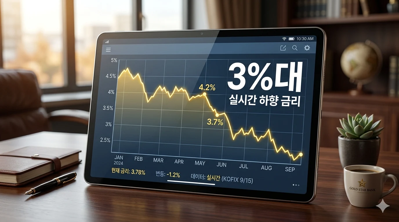 마이너스통장 금리 2026년 태블릿 PC 화면에 실시간으로 하향 곡선을 그리는 금리 그래프와 '3%대'라는 문구가 선명하게 보인다