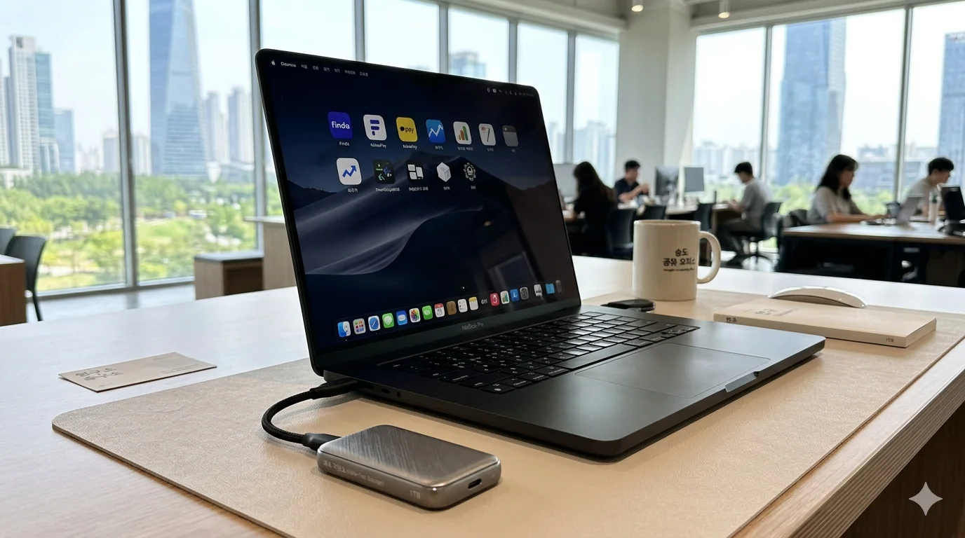 맥북 프로 M5 Pro 1TB 용량 깔끔한 스페이스 블랙 맥북 프로 M5 옆에 작고 세련된 외장 SSD가 연결된 모습이다