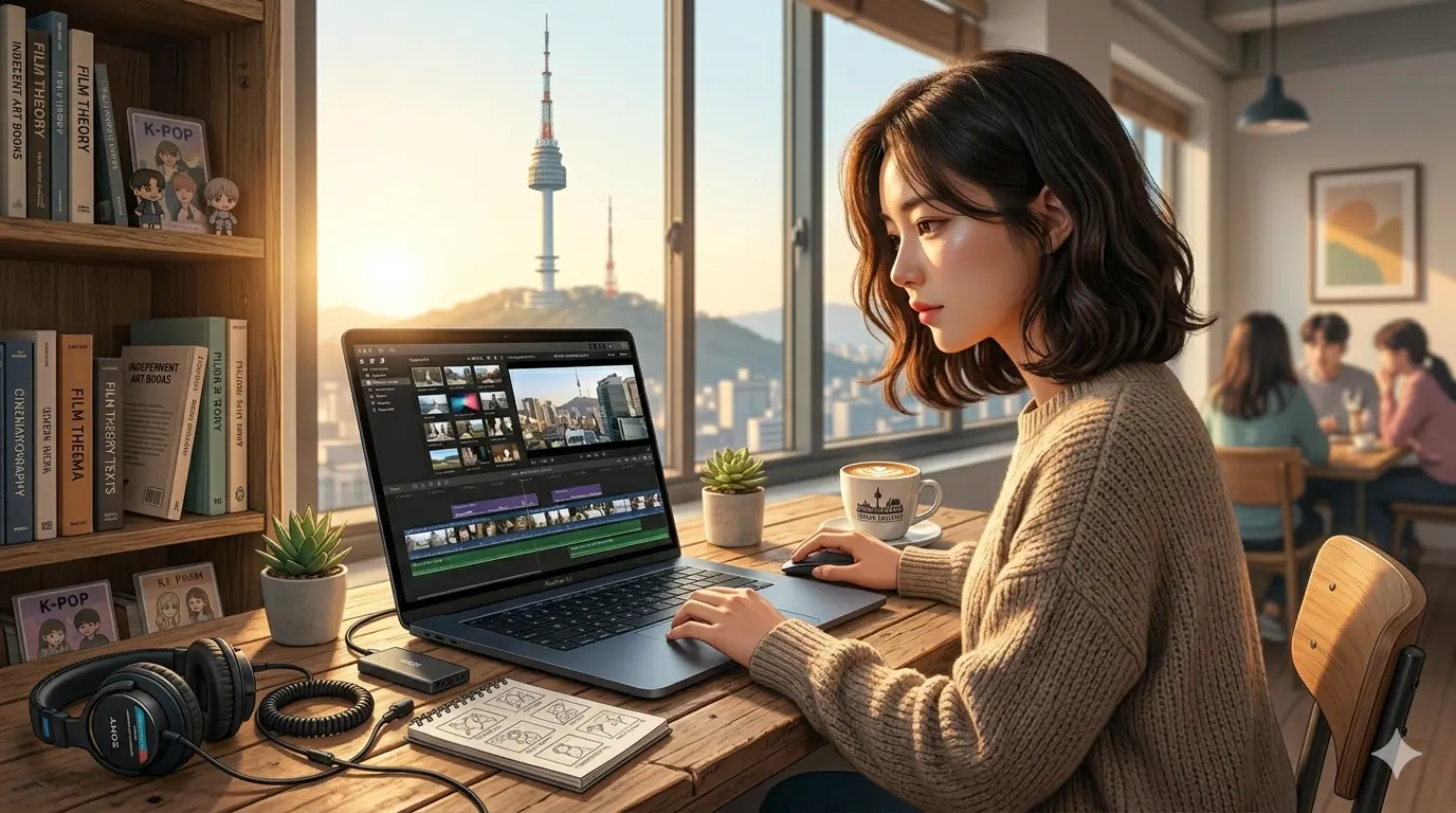 맥북 에어 M5 15인치 성능 유튜브 영상을 편집 중인 20대 여성 크리에이터