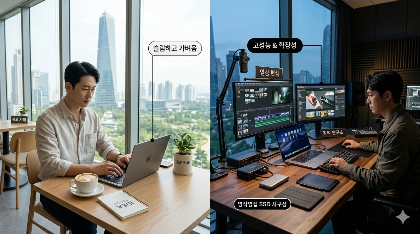 맥북 프로 M5 Pro 14인치 가성비 세련된 카페 테이블 위에 놓인 얇은 맥북 에어와, 그 옆 전문 작업실 데스크 위에 묵직하게 놓인 맥북 프로의 대비를 보여준다