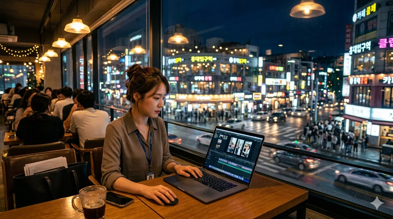 맥북 M5 직장인 부업 MacBook 펼쳐 쇼츠 편집하는 직장인, 퇴근 후 홍대 카페이다