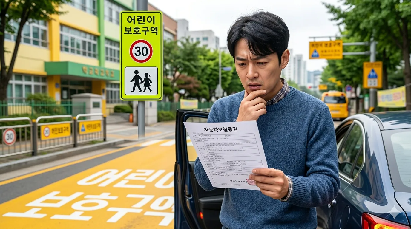 민식이법 운전자보험 합의금 어린이 보호구역 표지판 앞에서 당황한 표정으로 보험 증권을 검토하는 운전자이다