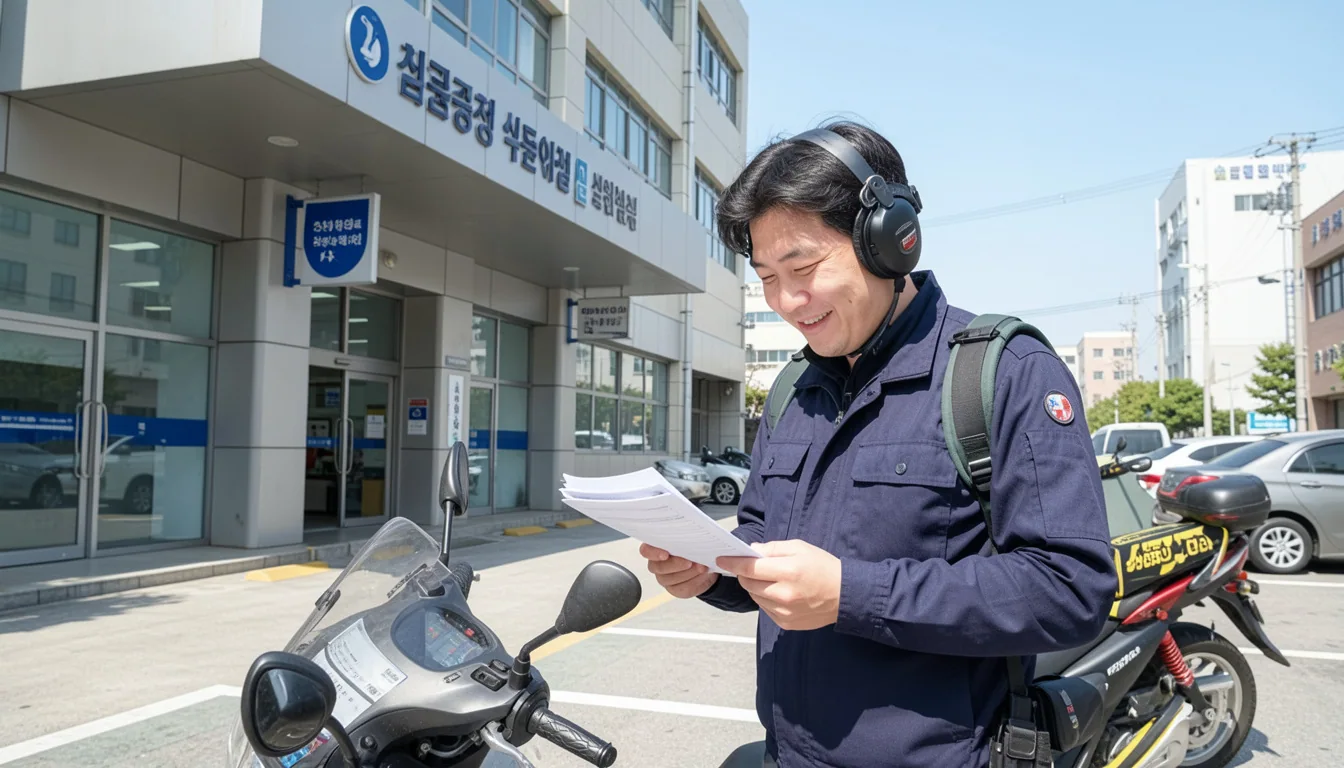 배달 라이더 실업급여 고용센터 앞에서 실업급여 신청 서류를 확인하며 안도하는 표정이다
