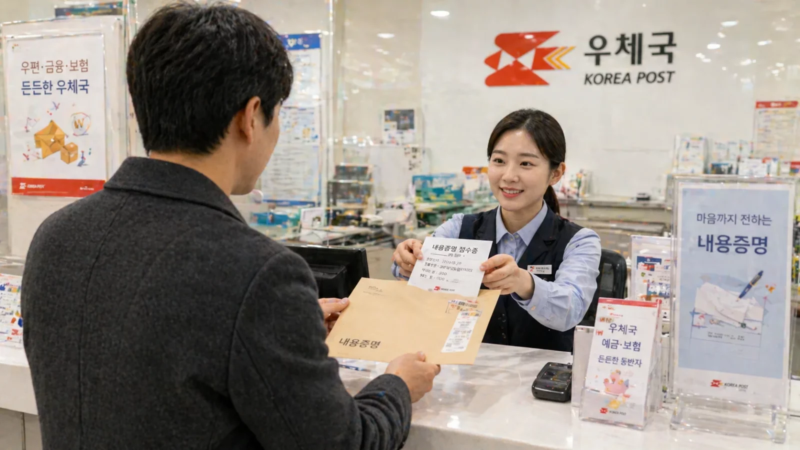 보증금 반환 내용증명 우체국 창구에서 내용증명 봉투를 제출하고 접수 확인증을 받는 남성이다