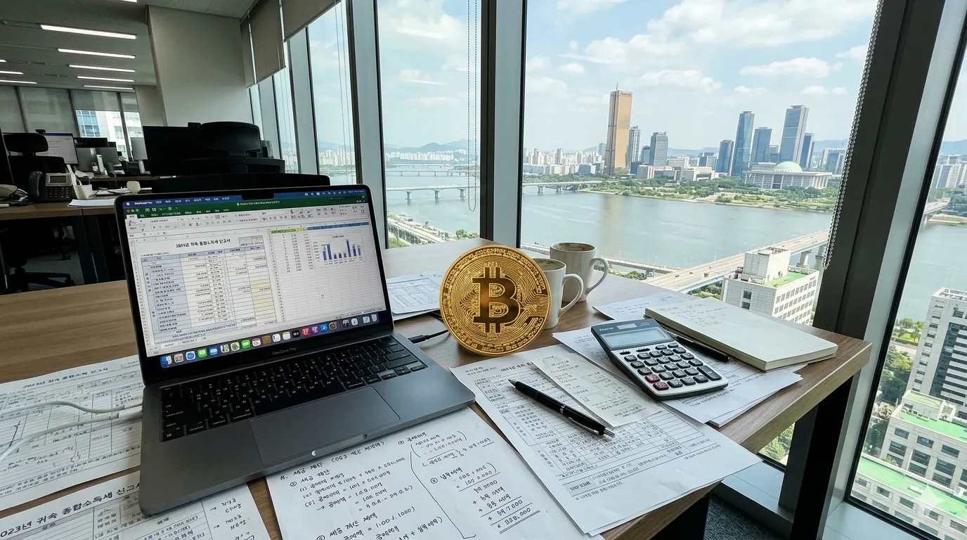 비트코인 ETF 양도소득세 사무실 책상 위에 놓인 MacBook Pro와 복잡한 세금 계산이 적힌 서류들, 창밖으로는 한강 여의도의 스카이라인이 보인다