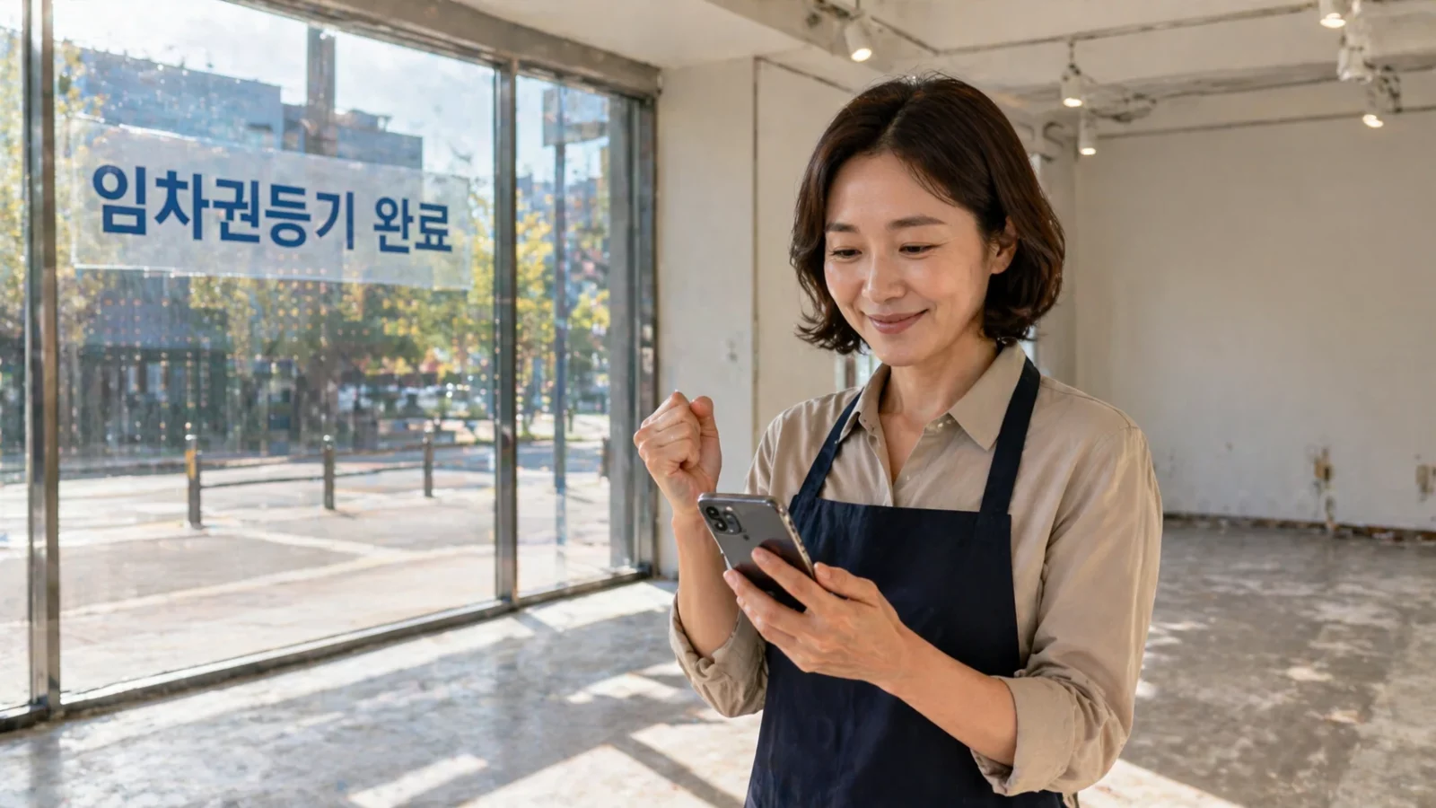 상가 임차권등기명령 폐업 텅 빈 상가 내부에서 스마트폰으로 등기부등본을 확인하며 안도하는 40대 여성 사장님의 모습이다