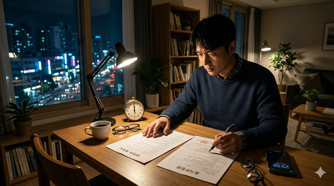 소액임차인 최우선변제금 대항력 12시를 가리키고 있고 임대차 계약서와 등기부등본을 심각하게 대조하는 30대 남성 세입자의 모습