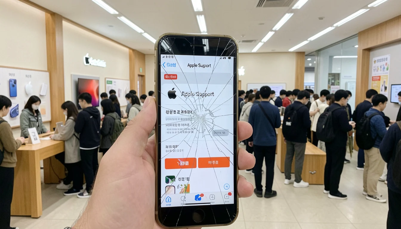 아이폰 수리 예약 화면 깨진 상태로 Apple Support 앱 예약 화면과 Apple Store Genius Bar 대기