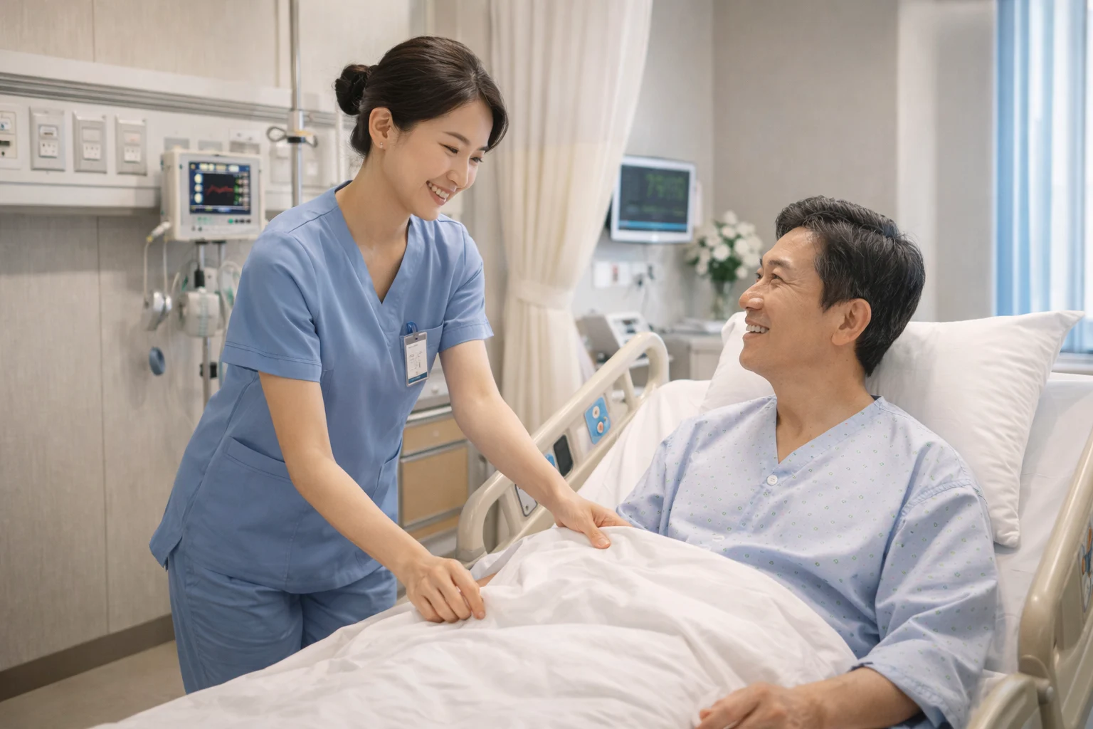 암 치료 간병비 간호사가 암 수술 후 입원 중인 중년 남성 환자를 돌보는 장면이다