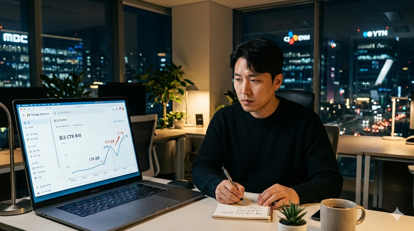 애드센스 CTR 노트북 화면에 구글 애드센스 CTR 상승 그래프가 표시되고 메모장에 수치를 기록하는 30대 직장인이다