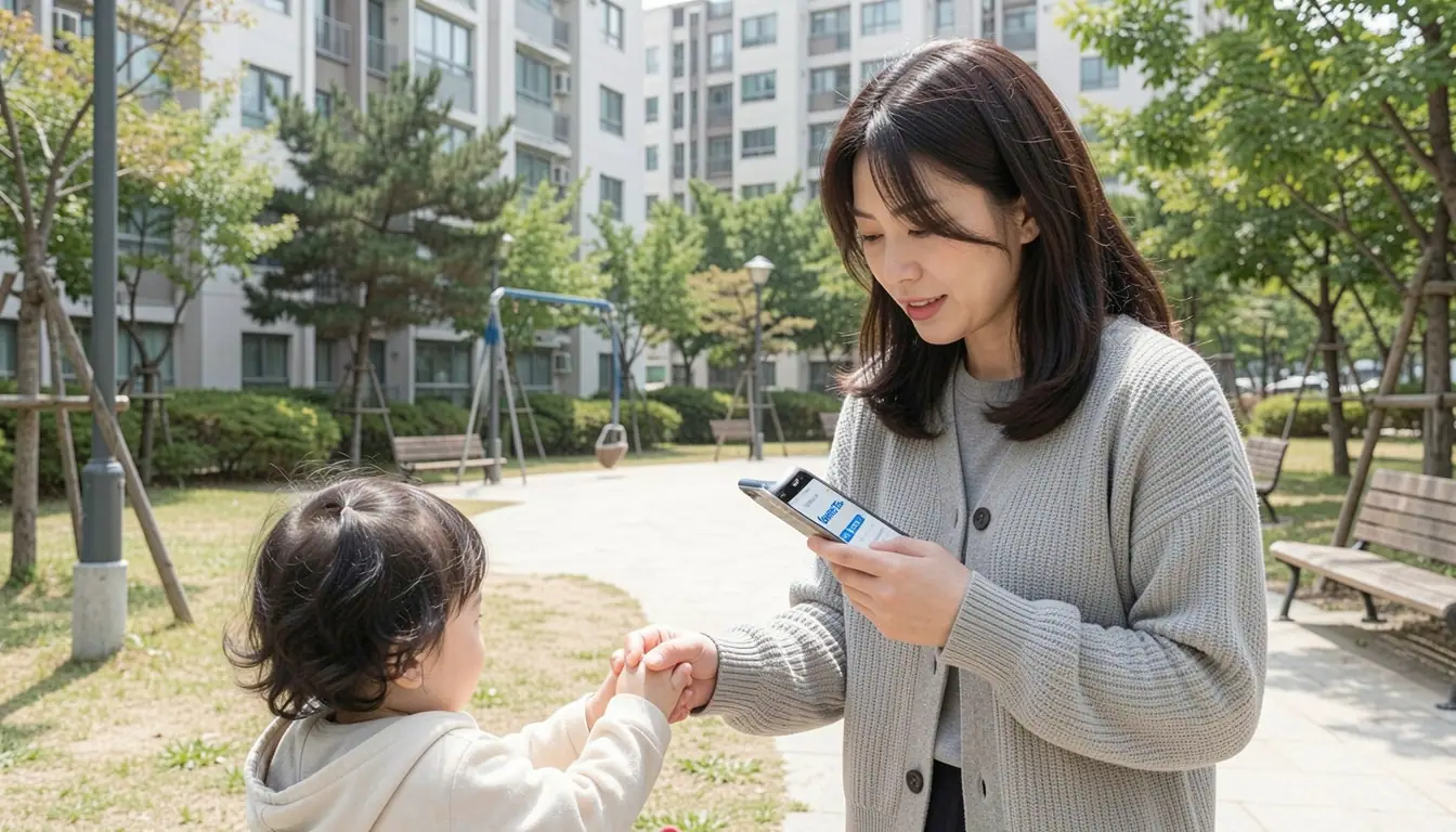 자녀장려금 단독 신청 혼자 아이 손을 잡고 스마트폰으로 홈택스 자녀장려금 신청 화면을 확인한다
