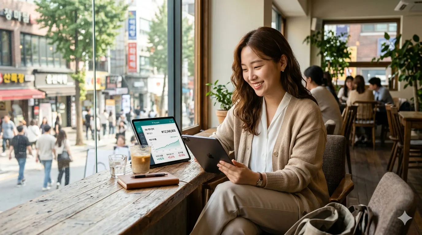 재테크 초보 목돈 태블릿으로 ISA 계좌와 채권 수익률을 확인하며 미소 짓는 사회초년생이 카페에 있다