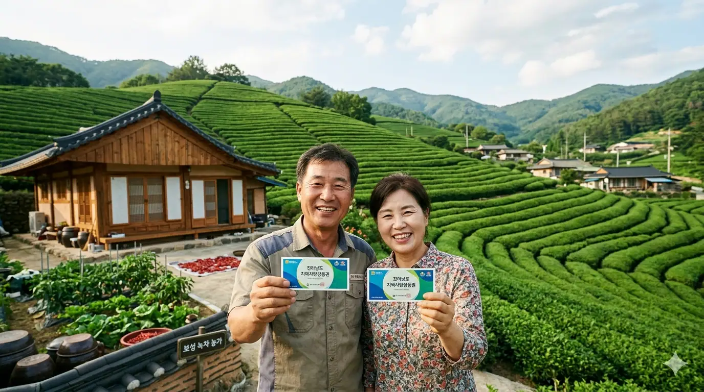 전남 고유가 민생지원금 전라남도 보성 녹차밭을 배경으로 한 농가 앞에서 중년 부부가 밝은 표정으로 지역사랑상품권 카드를 들고 있다