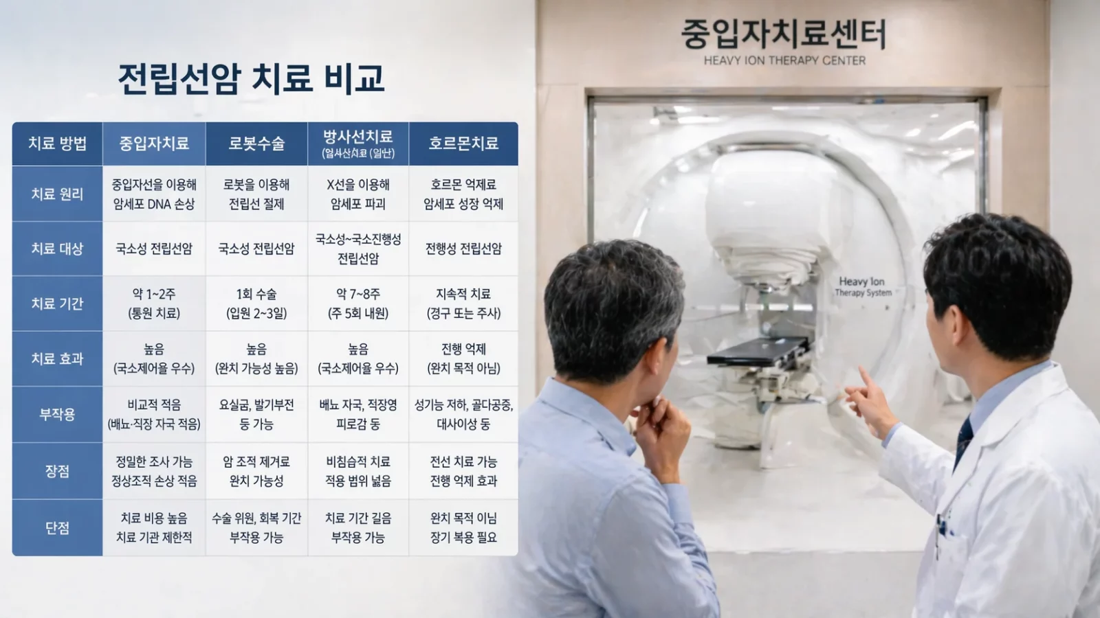 전립선암 치료 비교 표를 보는 환자와 의사가 중입자치료센터 앞 기계를 바라보고 있다