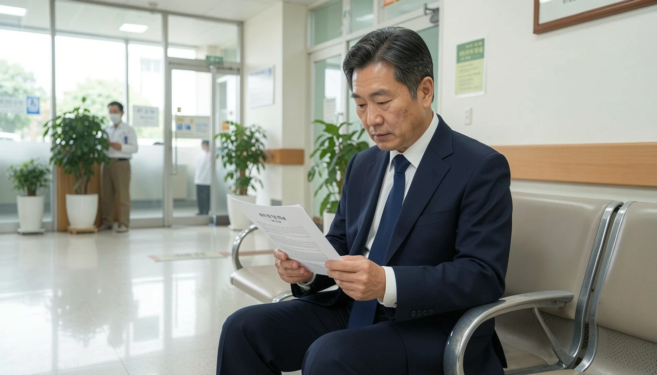 중입자 치료 보험 청구 거절 통보 서류를 들고 병원 로비에 앉아 약관 원문을 검토하는 남성