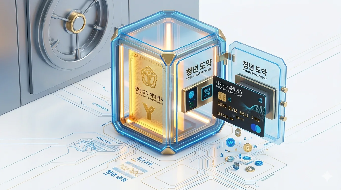 청년도약계좌 대출 적금 증서가 들어있고, 그 금고 문에 '마이너스 통장' 카드가 꽂혀 있는 안정적인 금융을 의미한다