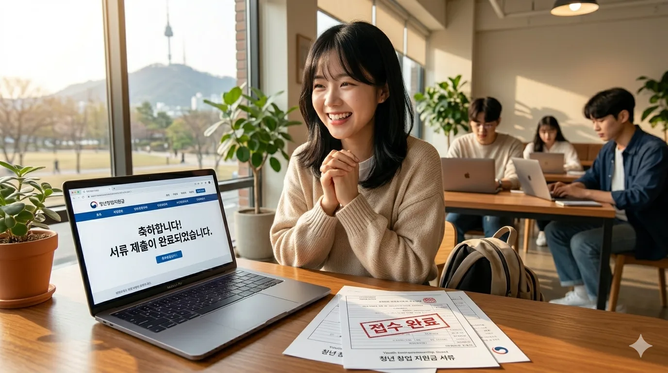 청년창업 지원금 2026 지원금 서류와 노트북으로 프리랜서 디자이너와 정부지원금 신청 완료 후 좋아한다
