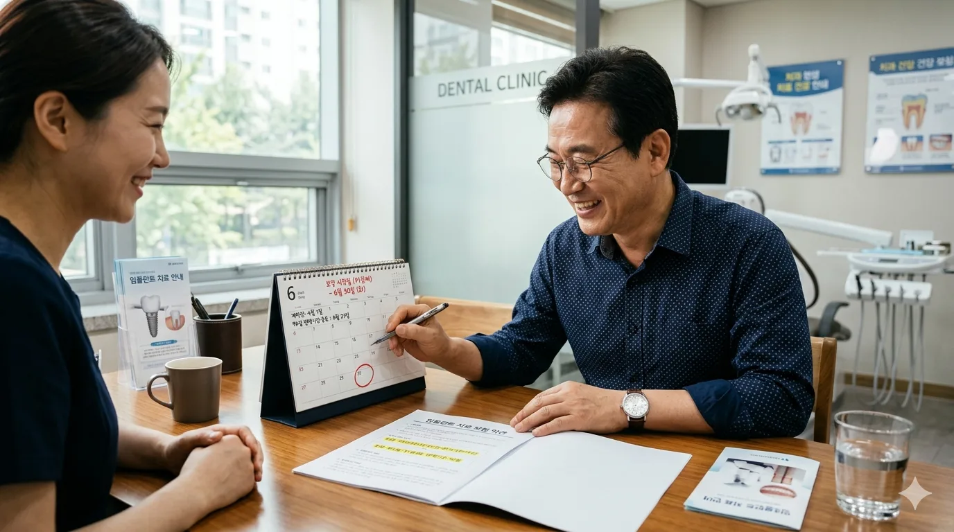 치아보험 임플란트 무제한 보장 치과 상담실에서 달력을 보며 91일째 날짜에 동그라미를 치는 중년 남성의 안도하는 표정이다