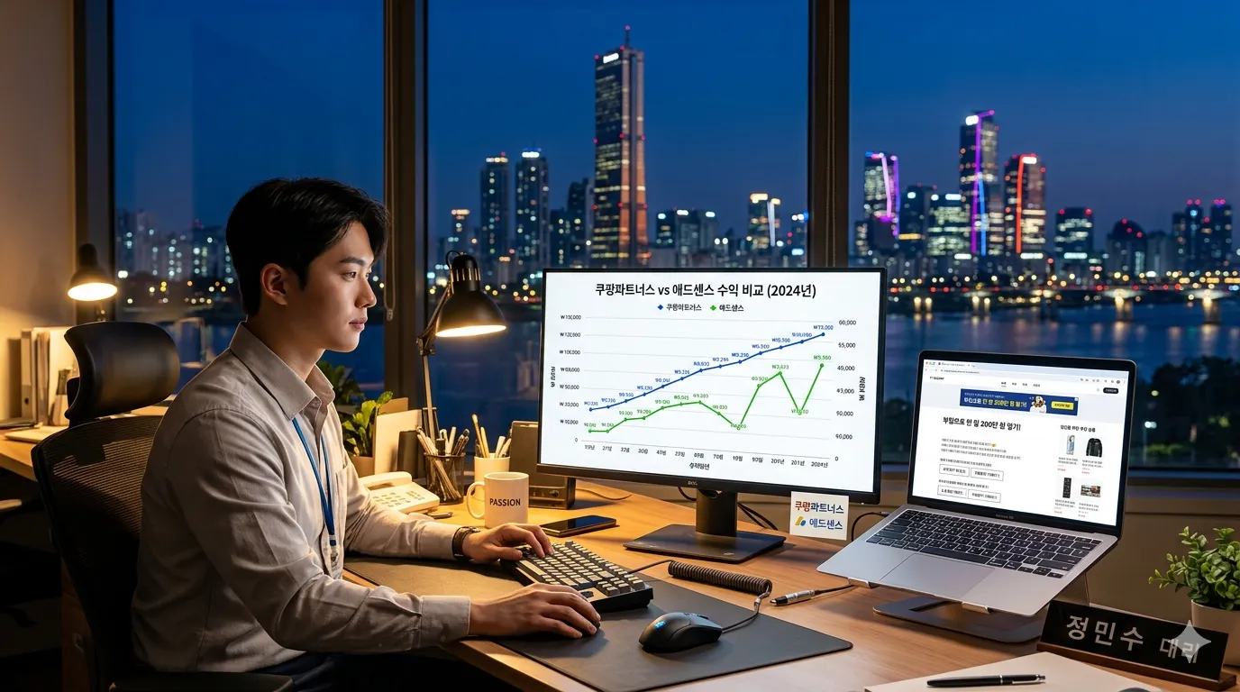 쿠팡파트너스 VS 애드센스 수익 비교 차트, 티스토리 블로그 화면에 링크와 광고 배치된 직장인 책상 모습이다