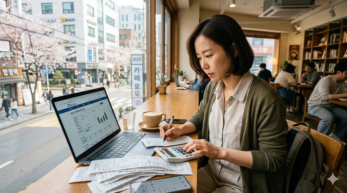 프리랜서 종합소득세 신고 노트북과 영수증 더미 앞에서 홈택스 화면을 보며 계산기를 두드리는 카페 여성이다