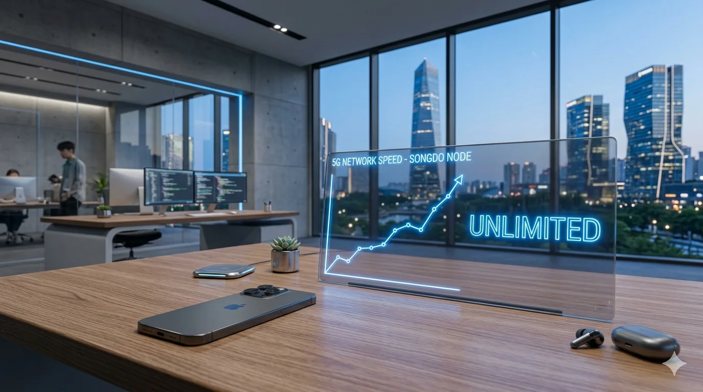 2026년 알뜰폰 5G 요금제 사무실 책상 위에 아이폰17 프로 데이타 확인 중이다